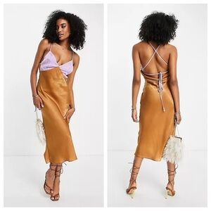 NWT ASOS DESIGN Satin Midi Lace Up Back Color Block Dress Camel Lilac Size 4